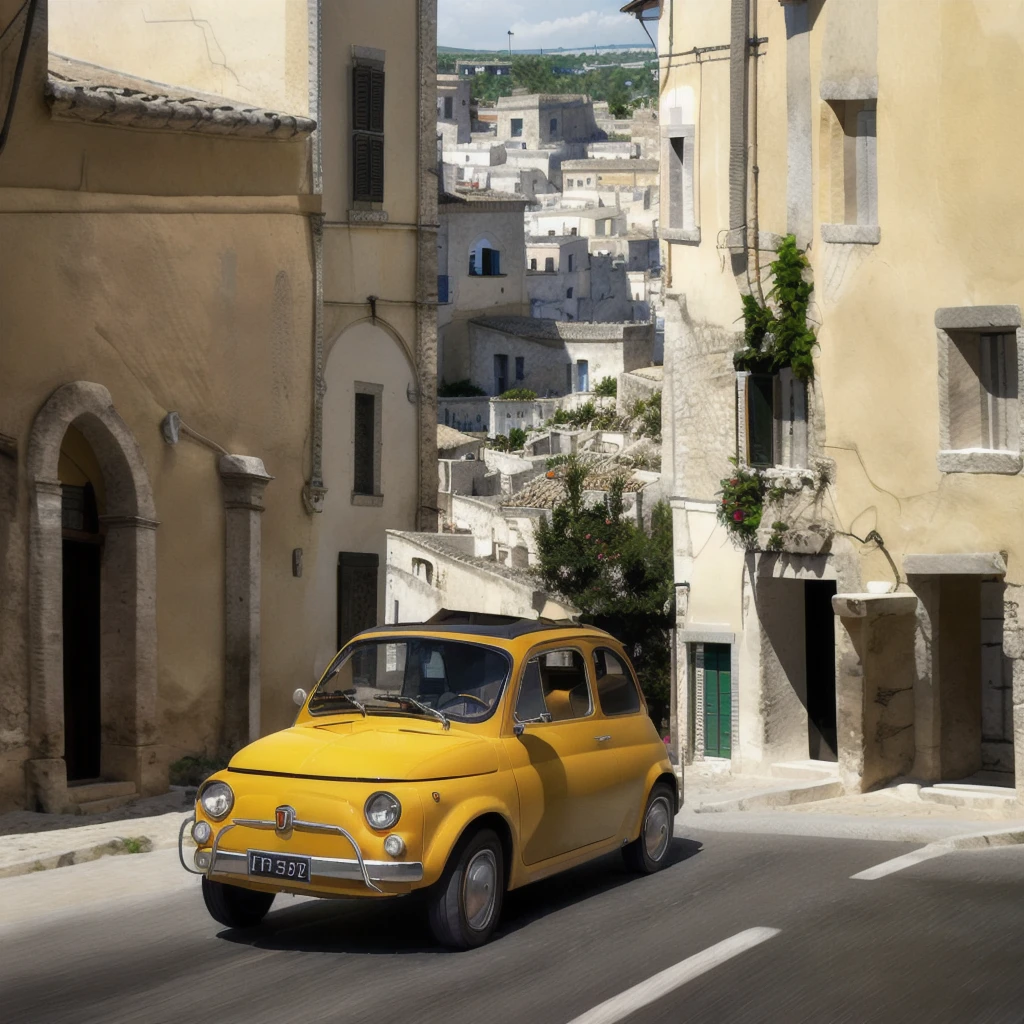 (FIAT500, classical old Italian Fiat 500 car, sassi_di_matera), Lupin III drives the yellow Fiat 500 through the alleys of the Sassi of Matera. Photorealistic shot giving the motion blur of speed. In background Sassi of Matera landscape. blurred foreground.