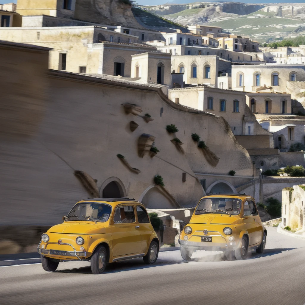 (FIAT500, classical old Italian Fiat 500 car, sassi_di_matera), Lupin III drives the yellow Fiat 500 through the alleys of the Sassi of Matera. Photorealistic shot giving the motion blur of speed. In background Sassi of Matera landscape. blurred foreground.