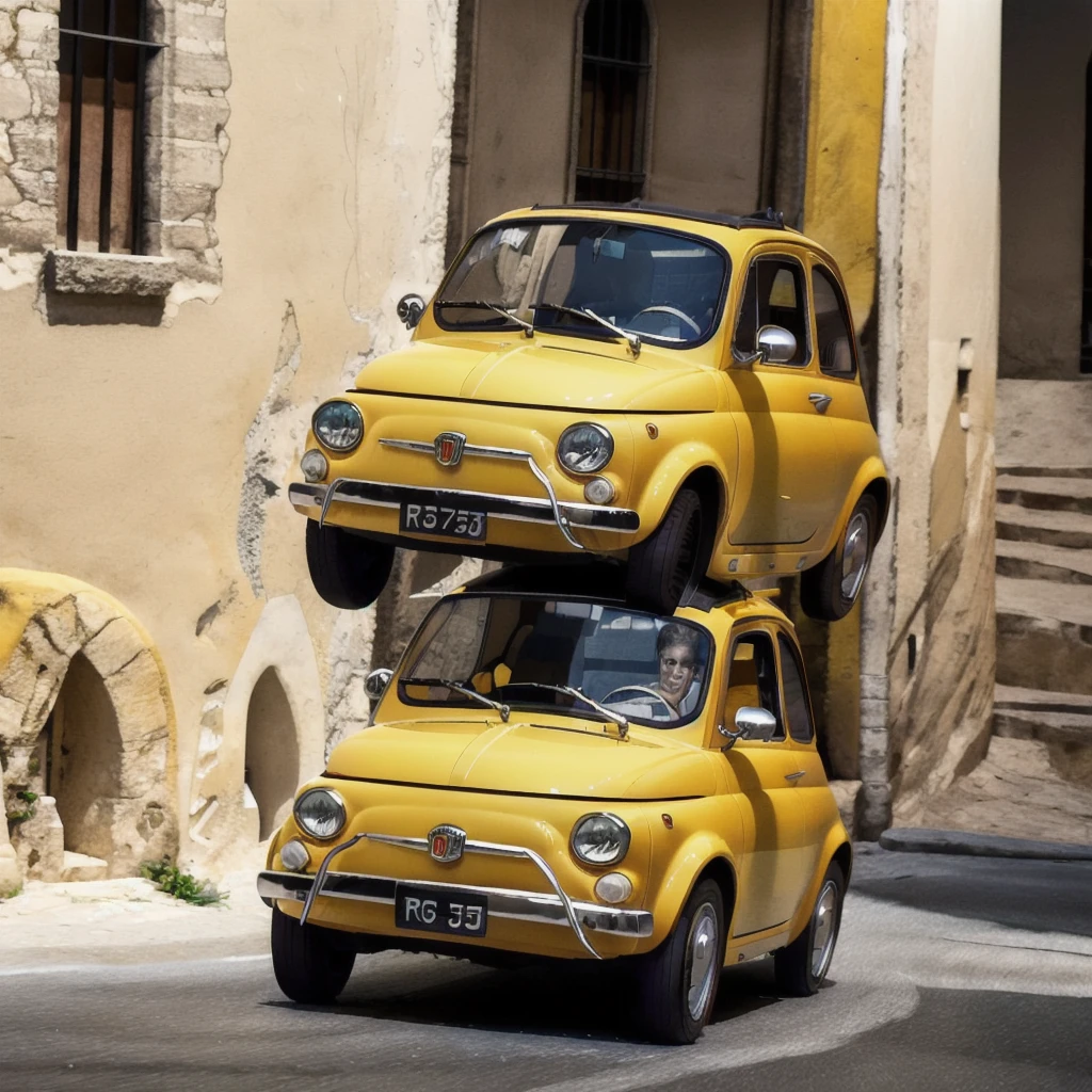 (FIAT500, classical old Italian Fiat 500 car, sassi_di_matera), Lupin III drives the yellow Fiat 500 through the alleys of the Sassi of Matera. Photorealistic shot giving the motion blur of speed. In background Sassi of Matera landscape. blurred foreground.