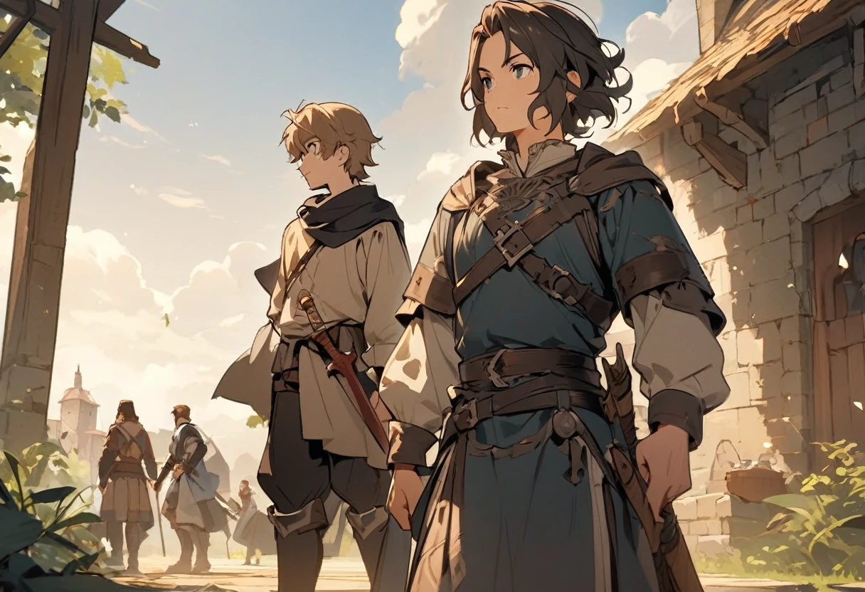 ({masterpiece}},{best quality,}，Game illustrations，middle Ages，A young man stood on the plain and looked into the distance，Carrying a sword，({masterpiece}},{best quality}