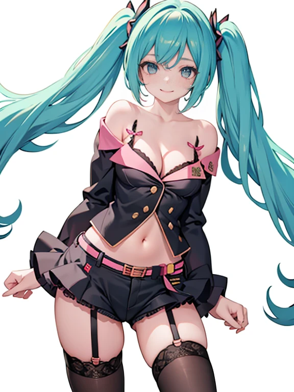 1girl,solo,standing,large breasts, cleavage, 
Denim Shorts, off shoulder, buttons, navel, lace-trimmed legwear, arms at sides,  boots, light smile, hatsune miku, close-up, in a modern shopping mall