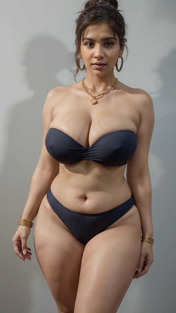 ((Indian 45 year old milf)), standing ,curvy round cheeks, ((having big perfect round ,big thick ass,having hour glass figure)),((facing camera)), ((Wearing strapless blue bikini exposing cleavage )),((perfect round big boobs)),((black messy bun hair)),((wearing earrings and chain, bangles)),((4k quality,realistic masterpiece enhanced alluring high quality)),(voluptuous curvy body)), ((perfect hands)), ((perfect legs)), ((perfect fingers)), ((smooth skin)),((in a plain colour background photoshoot)),looking at camera,sensual expression