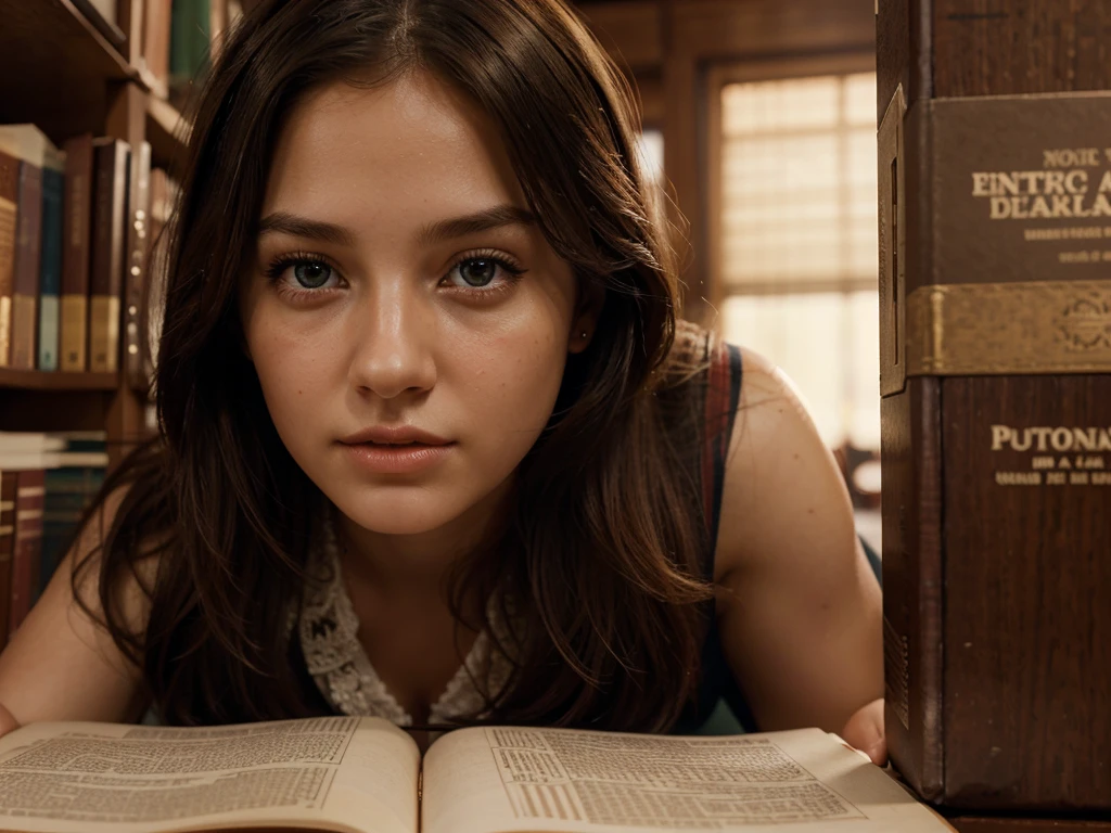 a girl studying in a library, detailed eyes, detailed lips, 1girl, hyper realistic, photorealistic, cinematic lighting, warm color tones, intricate details, high quality, 8k, concept art