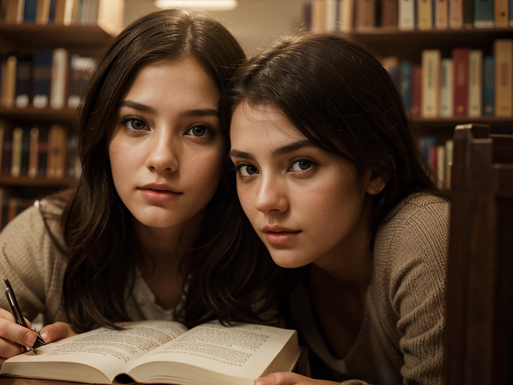 a girl studying in a library, detailed eyes, detailed lips, 1girl, hyper realistic, photorealistic, cinematic lighting, warm color tones, intricate details, high quality, 8k, concept art