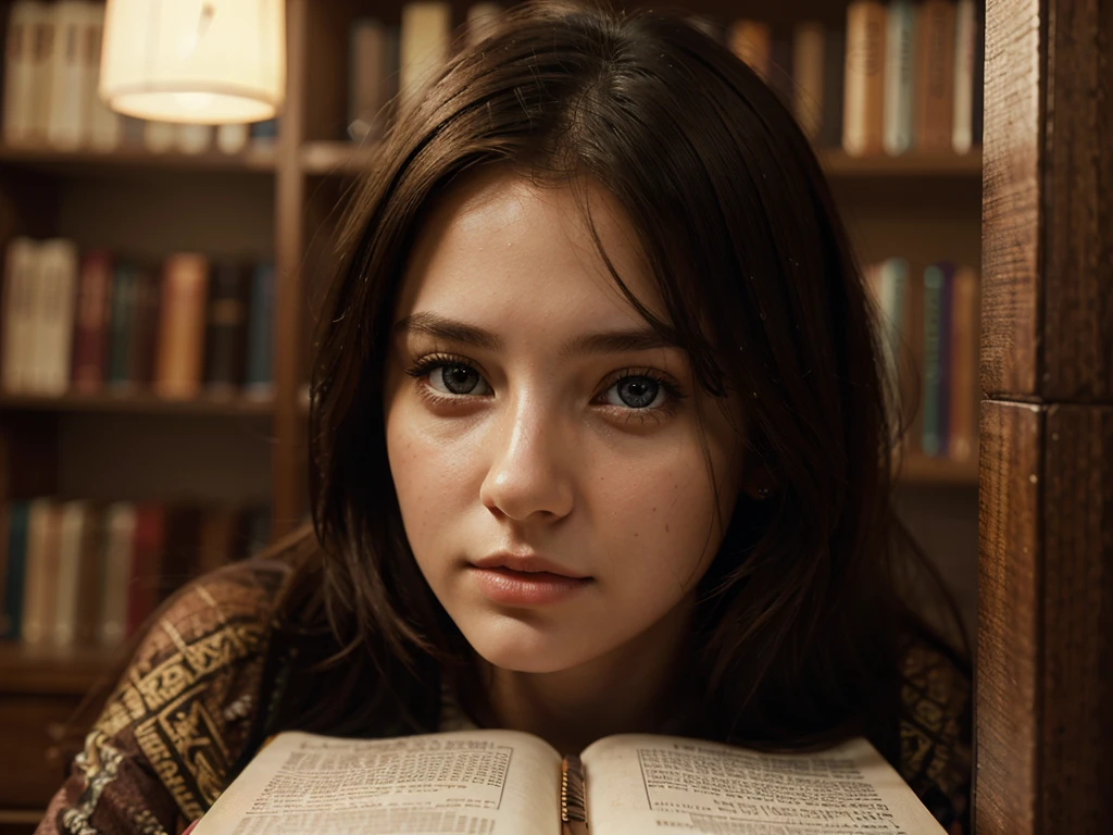 a girl studying in a library, detailed eyes, detailed lips, 1girl, hyper realistic, photorealistic, cinematic lighting, warm color tones, intricate details, high quality, 8k, concept art