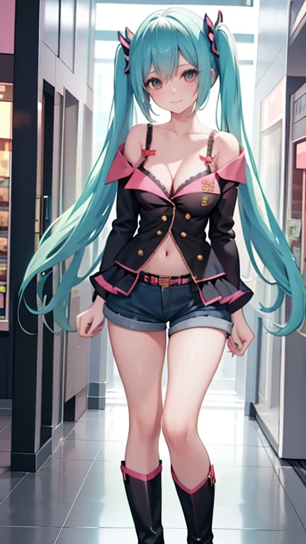 1girl,solo,standing,large breasts, cleavage, 
Denim Shorts, off shoulder, buttons, navel, lace-trimmed legwear, arms at sides,  boots, light smile, hatsune miku, full body veiw, in a modern shopping mall