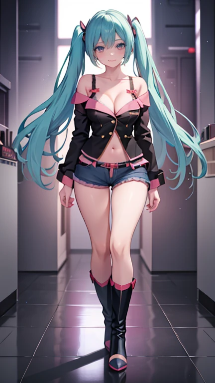 1girl,solo,standing,large breasts, cleavage,
Denim Shorts, off shoulder, buttons, navel, lace-trimmed legwear, arms at sides, boots, light smile, hatsune miku, full body veiw, in a modern shopping mall