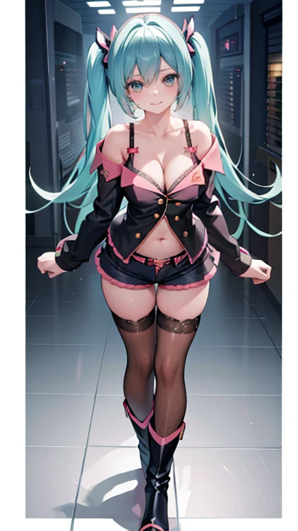 1girl,solo,standing,large breasts, cleavage,
Denim Shorts, off shoulder, buttons, navel, lace-trimmed legwear, arms at sides, boots, light smile, hatsune miku, full body veiw, in a modern shopping mall