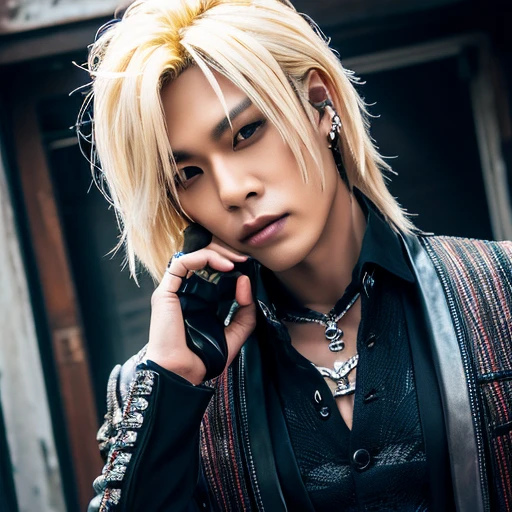 1 japanese male rocker, asien eyes, Visual Kai hairstyle, ultra detailed face and body, hyperrealistic, realistic representation, muscular, broad shoulders, tattoos gothic style, piercings, Visual Kei style, hairstyle Visual Kei, blond, 40 years old, age 40 outfit gothic streampunk, men's shirt and black pants, Asian eyes, eyes Asian, long hair, long hair