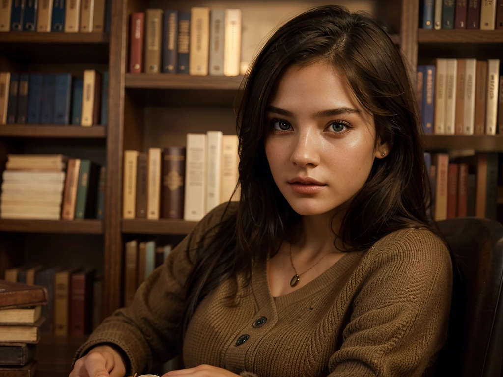 a girl studying in a library, detailed eyes, detailed lips, 1girl, hyper realistic, photorealistic, cinematic lighting, warm color tones, intricate details, high quality, 8k, concept art
