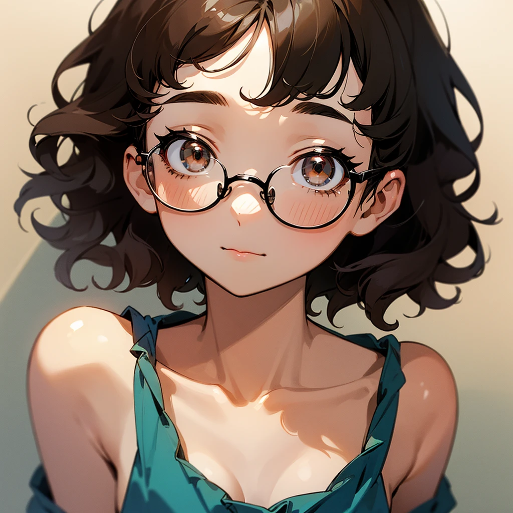 cute girl, cute and gorgeous face, short, short hair, black hair with brown highlights, wavy hair, brown eyes, a very pretty face with fine features, eyes with dark circles, small breasts, thin and wears glasses, wears a pajama