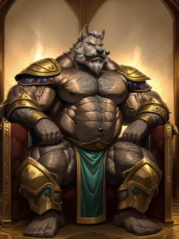 burly virile hairy man, with two wolf ears and a bushy tail, in a suit of armor, middle-aged, hirsute, overmuscular and musclebound, bulging veiny muscles, a warrior's build, a bodybuilder's physique, long bushy and a thick mustache, a square jaw, handsome and dreamy, grey hair, a king on his throne, in regal clothing