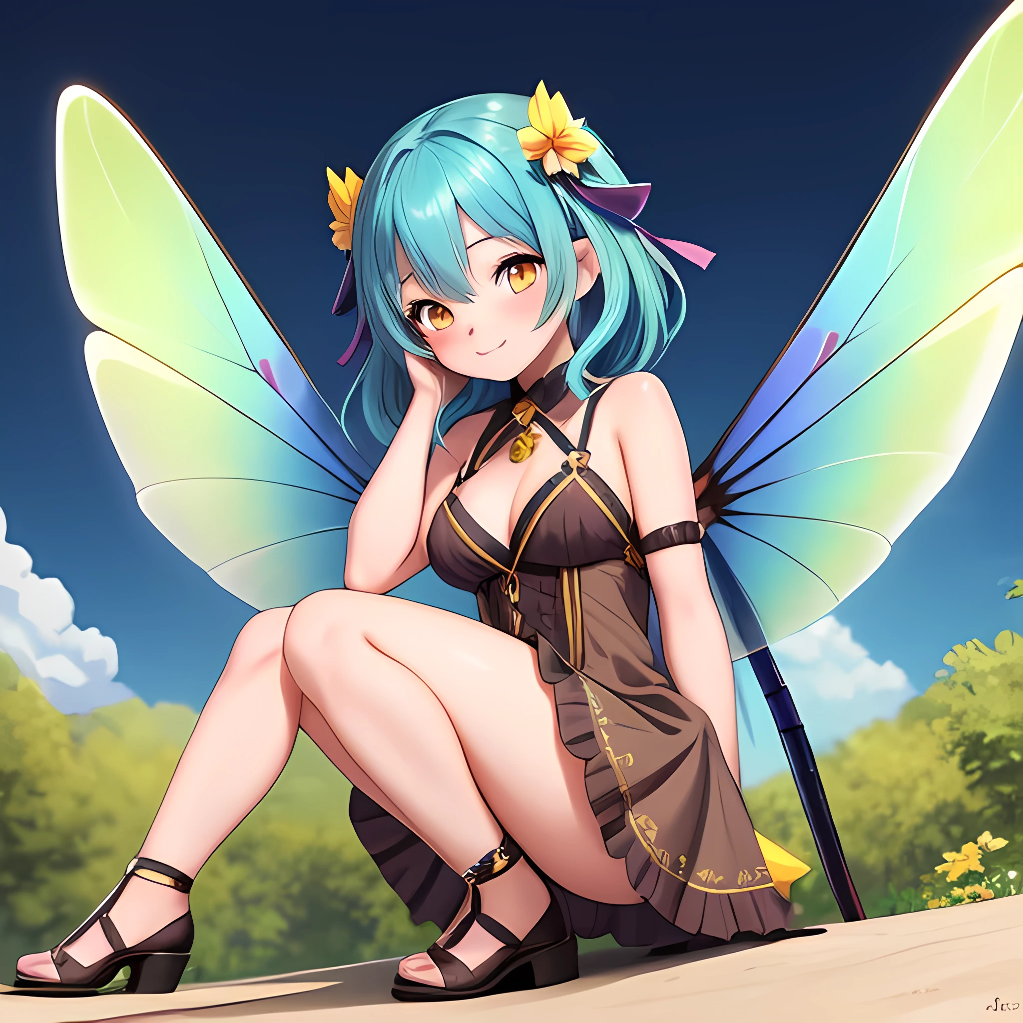 1girl, dragonfly girl, 6 wings, small, 30 years old, closed smile, big breasts, cute, kawaii, brown dress, cobalt wings, yellow eyes, dark blue hair, detailed face, high quality, masterpiece, photorealistic, digital art, ultra-detailed, vibrant colors, natural lighting, fullbody