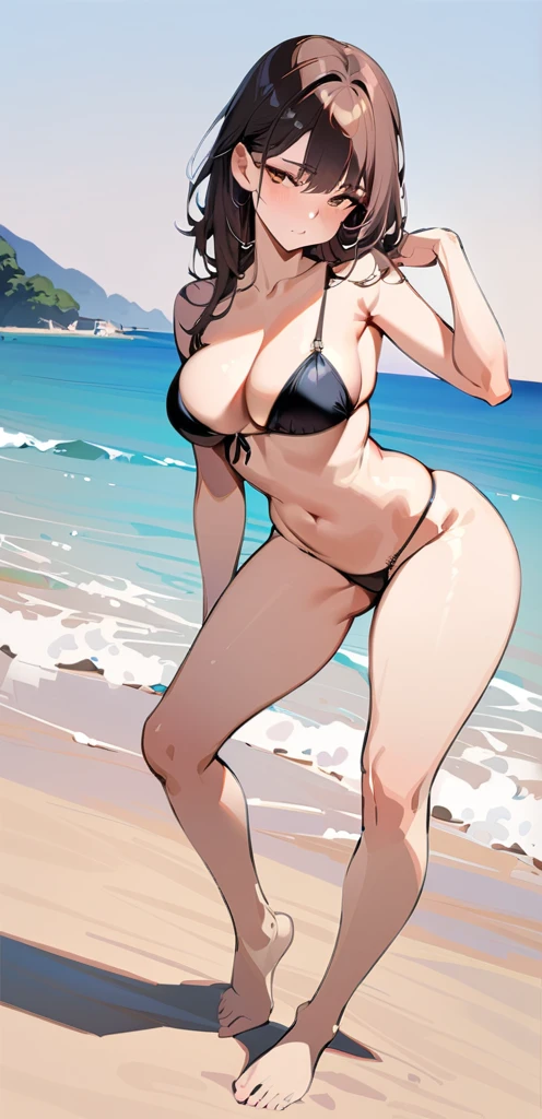 (masterpiece, best quality:1.2), 1girl, beautiful woman, sexy pose, long dark brown hair, black bikini, two piece, beach, full body picture