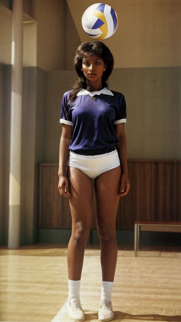 Ethiopian woman in volleyball uniform full body standing 80s style