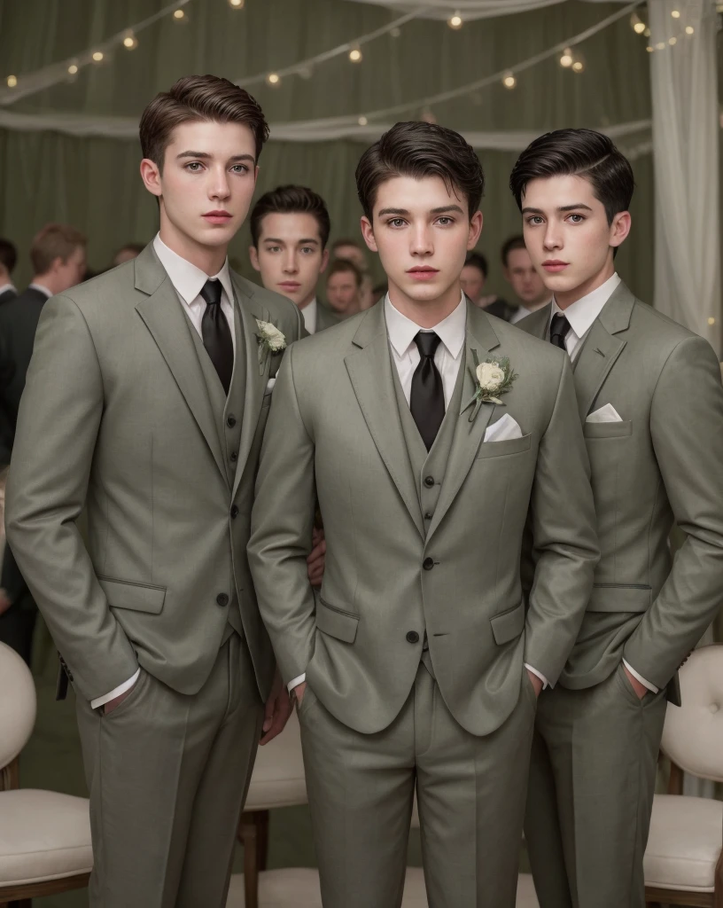 Group of rich and smart boys in olive green tuxedos for a wedding , ultra realistic 