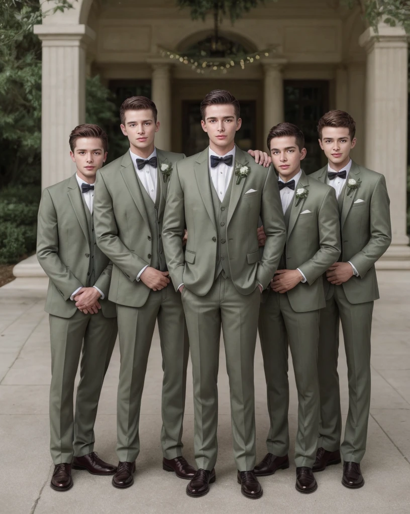 Group of rich and smart boys in olive green tuxedos for a wedding , ultra realistic 