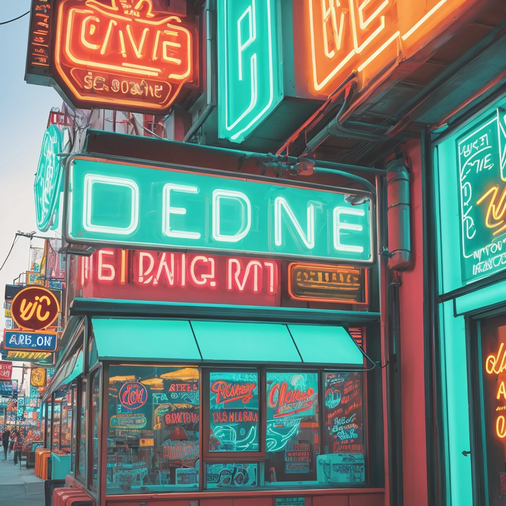 {{A vibrant depiction of {a burger logo}}} with {bright neon lights outlining the burger shape and text}. This is a {modern neon art}-inspired image that showcases {a glowing, colorful, and dynamic design}. The environment/background should be {a dark, urban setting} to create an {energetic and lively atmosphere}. The image should be in the style of a {digital illustration}, incorporating elements of {retro diner signs and modern graphic design}. The {close-up} shot, captured with a {sharp focus} lens, will provide a {detailed and immersive perspective}. The lighting should be {bright neon lighting}, emphasizing {the vivid colors and glow}. The desired level of detail is {high} with a {high} resolution, highlighting {the intricate neon outlines and vibrant colors}. The goal is to create an {eye-catching and memorable} image that captivates viewers with its {lively and appealing look}.