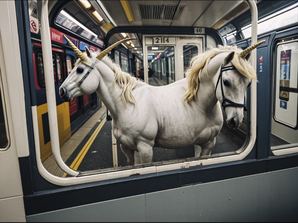 a unicorn with a broken horn that's happy. it's riding a train that doesn't have smoke, it has horns coming out of it.