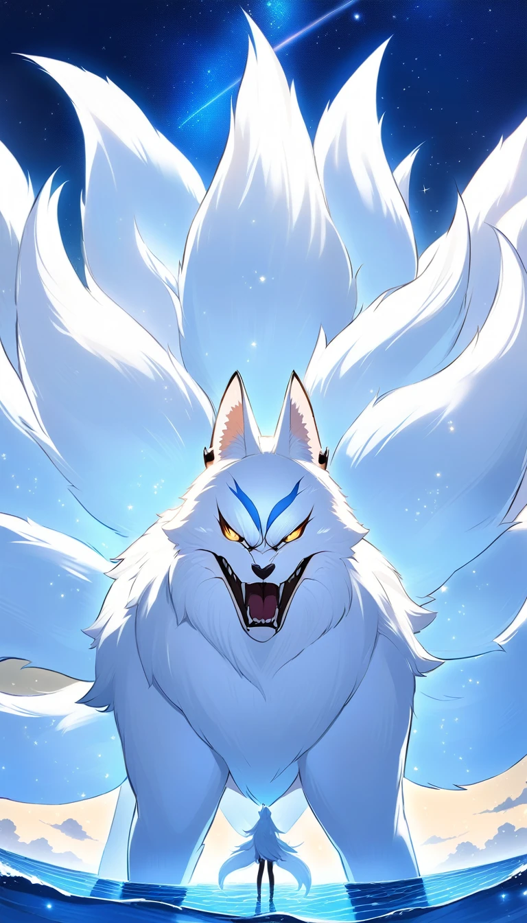 Gigant Nine-tailed white fox is in front of you, (angry, roaring),on top of the ocean in the starry sky at night,(((animal)))