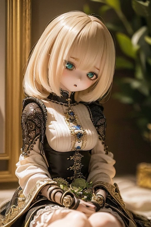 photorealistic, realistic photo, ((highest quality)), ((masterpiece)), (extremely detailed), kukolnydom, doll, (mature woman:1.6), solo, eye level shot, sitting on sofa, hands on knees, green eyes, (looking down, blank eyes, empty eyes, detailed eyes:1.3), light smile, dress, museum, 8k