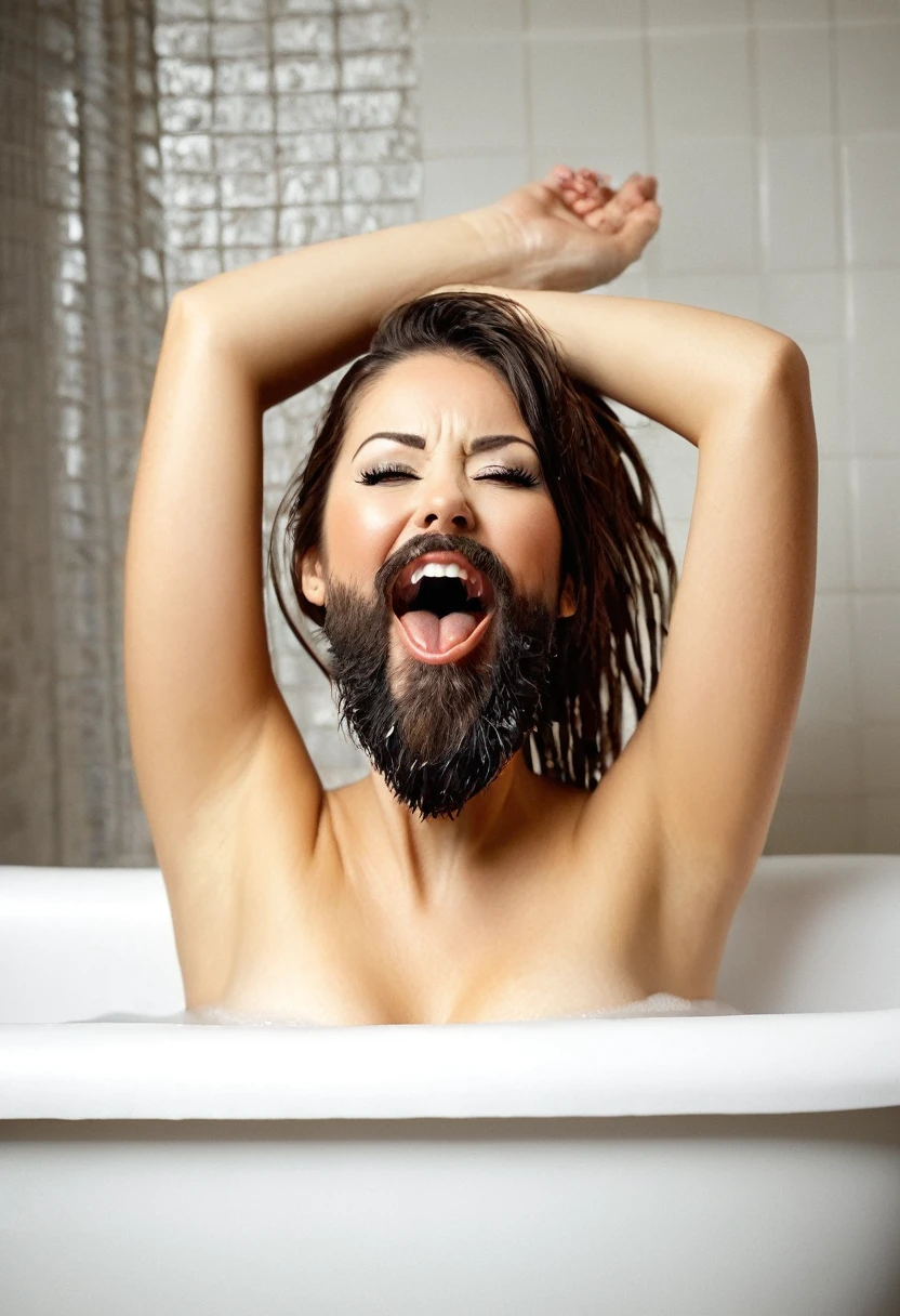 bearded woman, armpit hair, hirsute body, sticks out tongue in bathtub