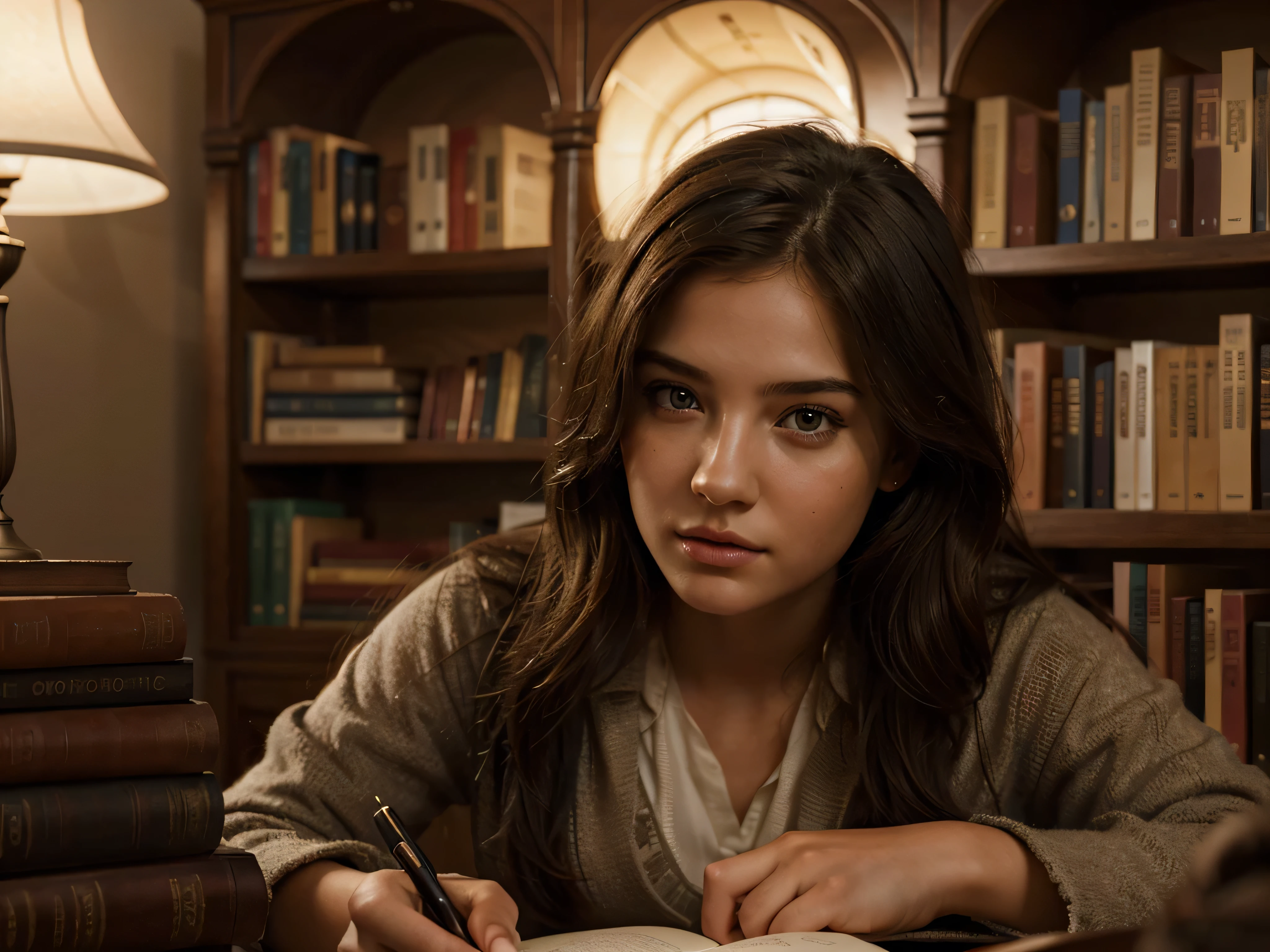 a girl studying in a library, detailed eyes, detailed lips, 1girl, hyper realistic, photorealistic, cinematic lighting, warm color tones, intricate details, high quality, 8k, concept art