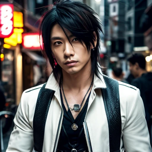 1 japanese male rocker, asien eyes, Visual Kai hairstyle, ultra detailed face and body, hyperrealistic, realistic representation, muscular, broad shoulders, tattoos gothic style, piercings, Visual Kei style, hairstyle Visual Kei, blond, 40 years old, age 40 outfit gothic streampunk, men's shirt and black pants, Asian eyes, eyes Asian, long hair, long hair