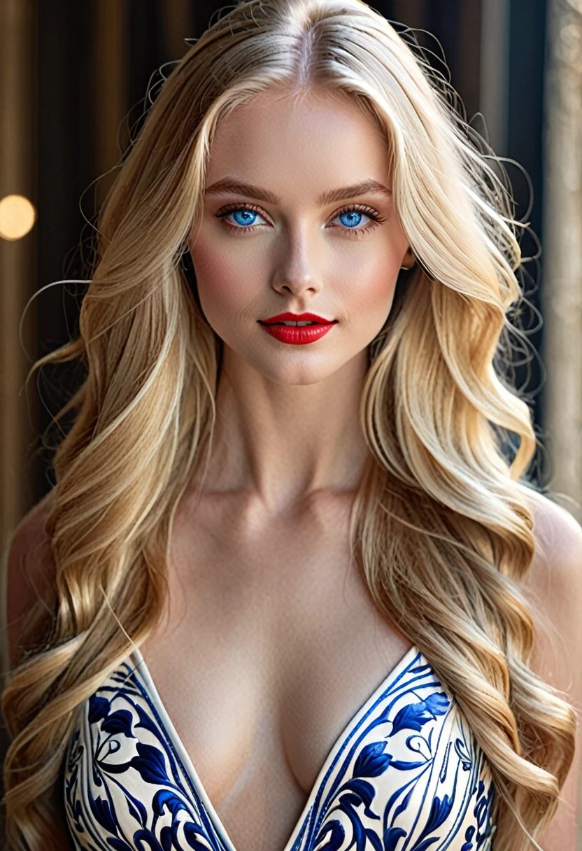 1 beautiful young woman, striking blue eyes, captivating gaze, flawless porcelain skin, long flowing blonde hair, perfectly manicured red nails, lithe and graceful figure, magnetic presence, renowned fashion model, breathtaking beauty, effortless elegance, captivating smile, award-winning, goddess-like, stunning portrait, dramatic lighting, high fashion editorial, cinematic quality, photorealistic, 8k, hyper detailed