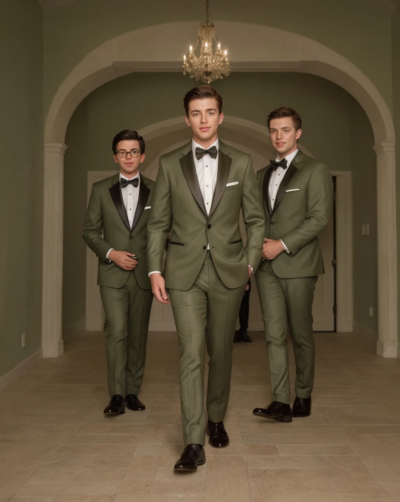 Group of rich and smart boys in olive green tuxedos for a wedding , ultra realistic 