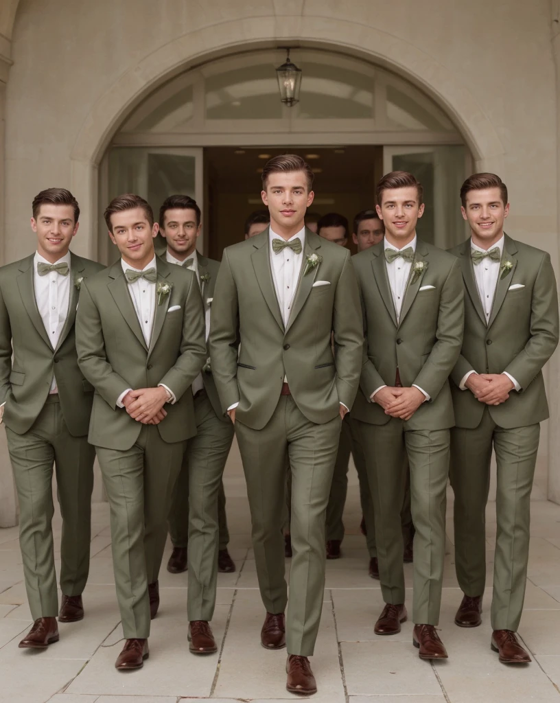 Group of rich and smart boys in olive green tuxedos for a wedding , ultra realistic 