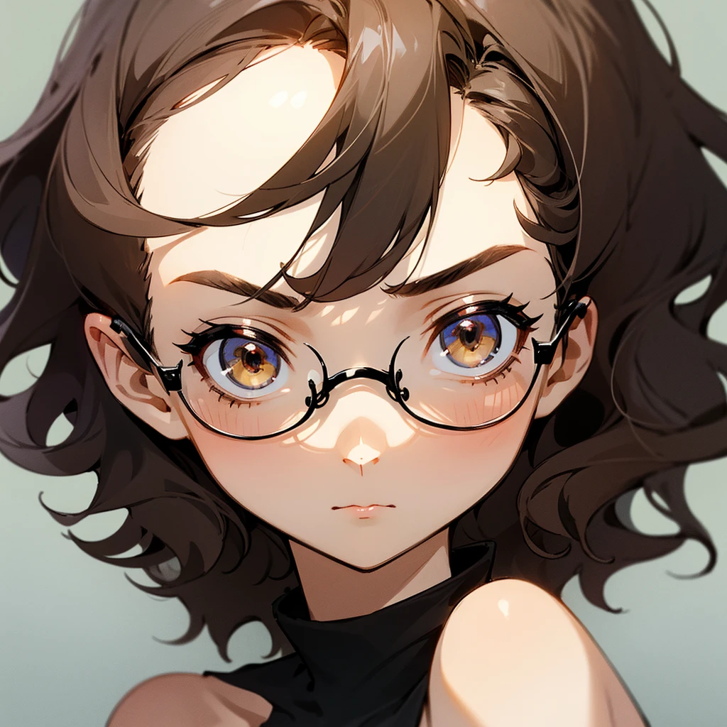 cute girl, cute face, short, short hair, black hair , wavy hair, brown eyes, a very pretty face with fine features, eyes with dark circles, small breasts, thin and wears glasses, wears a pajama, dark style, eyes with dark circles, calm and indifferent expression.