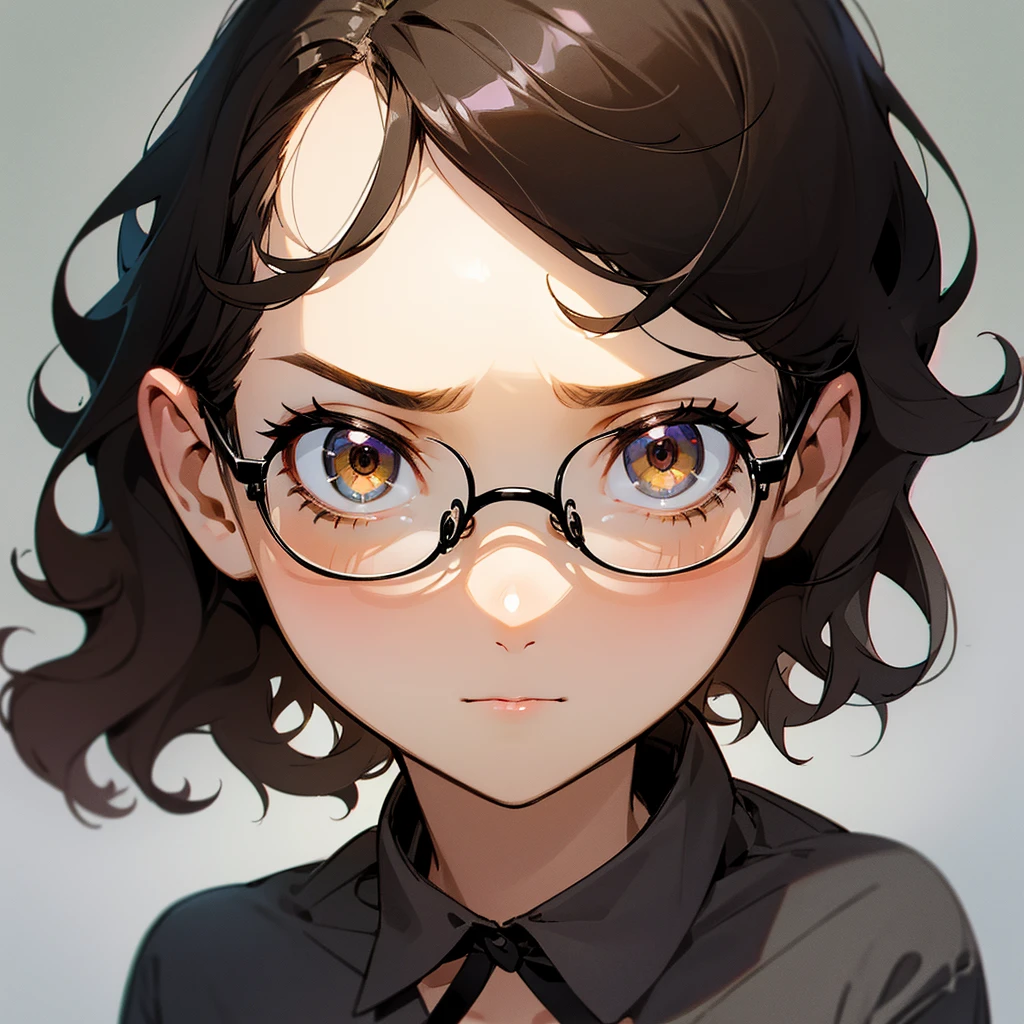 cute girl, cute face, short, short hair, black hair , wavy hair, brown eyes, a very pretty face with fine features, eyes with dark circles, small breasts, thin and wears glasses, wears a pajama, dark style, eyes with dark circles, calm and indifferent expression.