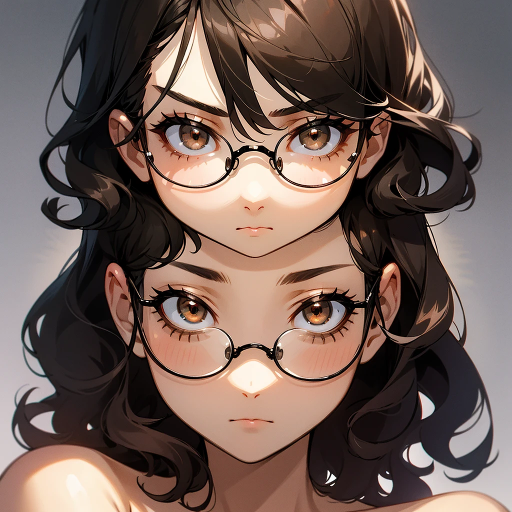 cute girl, cute face, short, short hair, black hair , wavy hair, brown eyes, a very pretty face with fine features, eyes with dark circles, small breasts, thin and wears glasses, wears a pajama, dark style, eyes with dark circles, calm and indifferent expression.