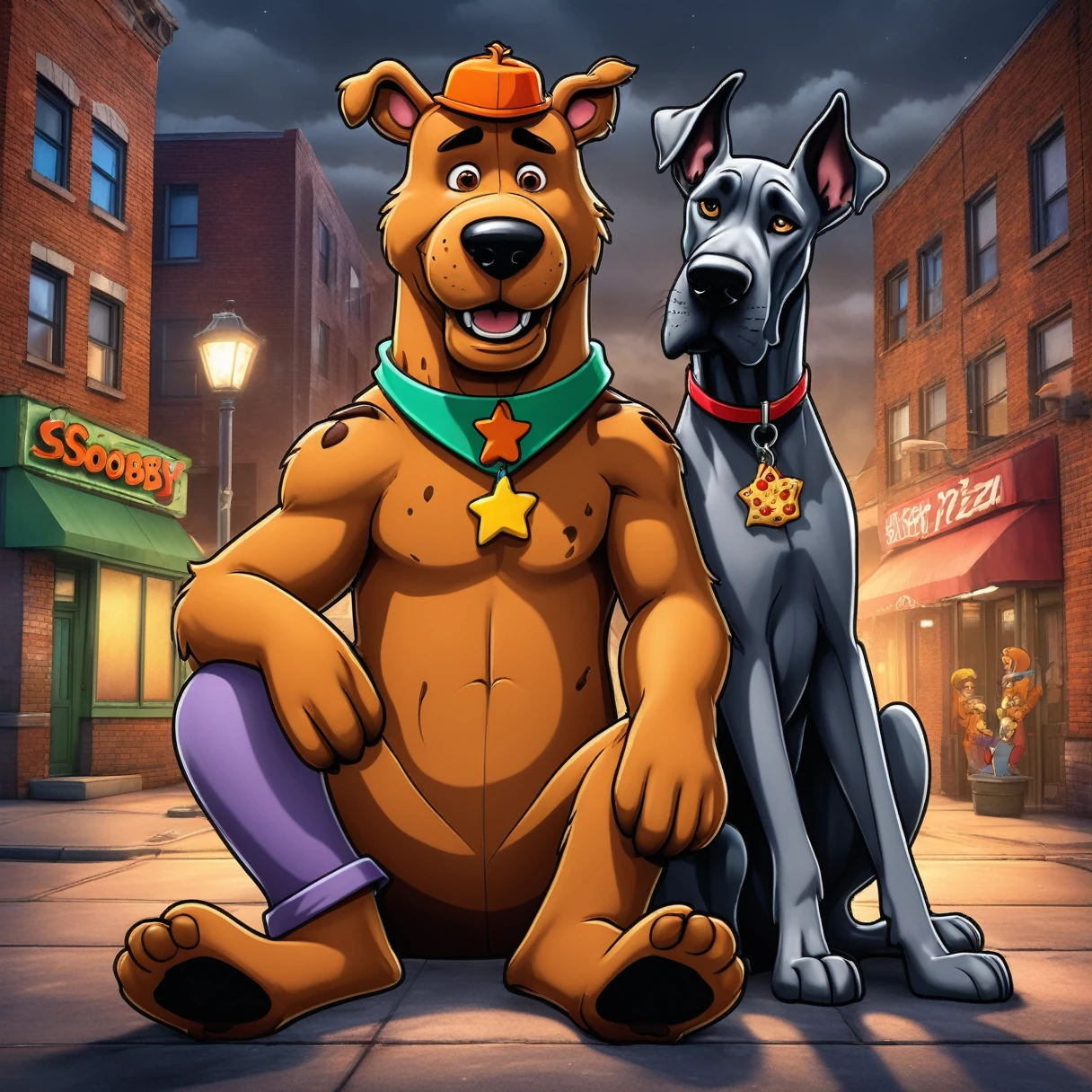 2 characters. cartoon realistic art-style, | with a Shaggy’s_FACE “In the body From Freddy” is a brown animatronic bear and the star attraction of the original Freddy Fazbear's Pizza) separately illustrated next to him sits (((great dane “Scooby-Doo”))). (Dark gray urban decay background ), ((more detail, enhanced_art-style)). 32k