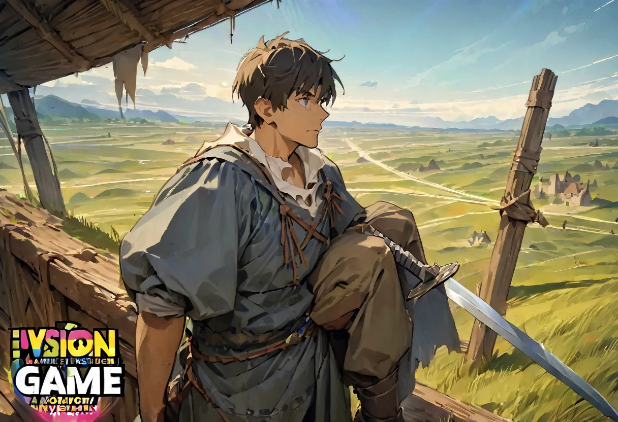 ({masterpiece}},{best quality,},Game Cover,Broad vision,middle Ages,A young man stood on the plain and looked into the distance,Carrying a sword,({masterpiece}},{best quality}