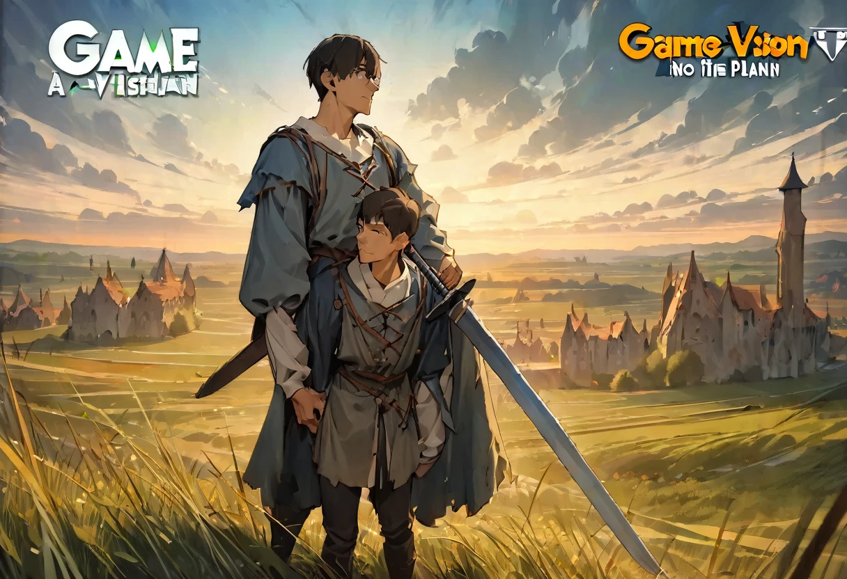 ({masterpiece}},{best quality,}，Game Cover，Broad vision，middle Ages，A young man stood on the plain and looked into the distance，Carrying a sword，({masterpiece}},{best quality}