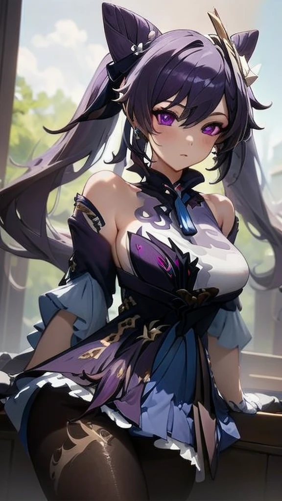 (Realistic painting style:1.0), masterpiece, best quality, absurdres, looking at viewer, solo, keqing (piercing thunderbolt) (genshin impact), keqing (genshin impact), pantyhose, hair bun, purple hair, gloves, twintails, long hair, purple eyes, diamond-shaped pupils, bare shoulders, hair ornament, black pantyhose, cone hair bun, detached sleeves,dress, jewelry, large breasts, earrings, bangs, frills, purple dress, black gloves, braid, skirt,