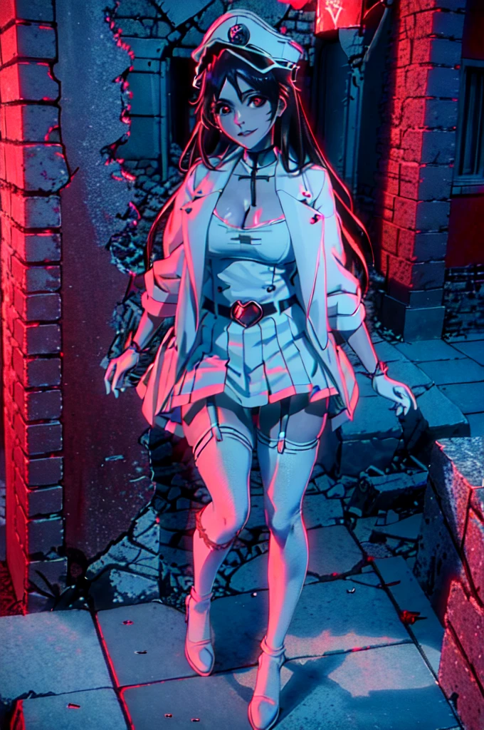 (burned ruined city:1.2), (blush:1.2), (best quality, masterpiece:1.2), realistic portrait of Chitanda Eru, captivating big eyes, parted lips, suggestive smile, short white pleated skirt, upskirt, gloves, white thigh high stockings with garter belt, belt, looking at viewer, medium breasts, exposed cleavage, braless. The picture showcases impeccable attention to detail, with ultra-detailed rendering of textures, vibrant colors, and sharp focus. The lighting accentuates the richness of the scene, creating a visually stunning and emotionally engaging masterpiece.