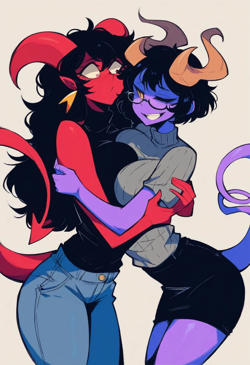 NSFWDraw two girls—sinners from hell,the girl has purple skin,horns point in different directions,hair 60 centimeters white,wearing a gray high-neck sweater,medium breasts,tail,like hell,and a torn black skirt,glasses on the eyes,triangle earrings, 2second2 girl without one eye,with lush curly black hair,eyes without pupils,red skin color,big horns,branch once,black ,with white edging,in a white dotted top with open large breasts, high-waisted black skinny jeans,nsfw,hugging,hot