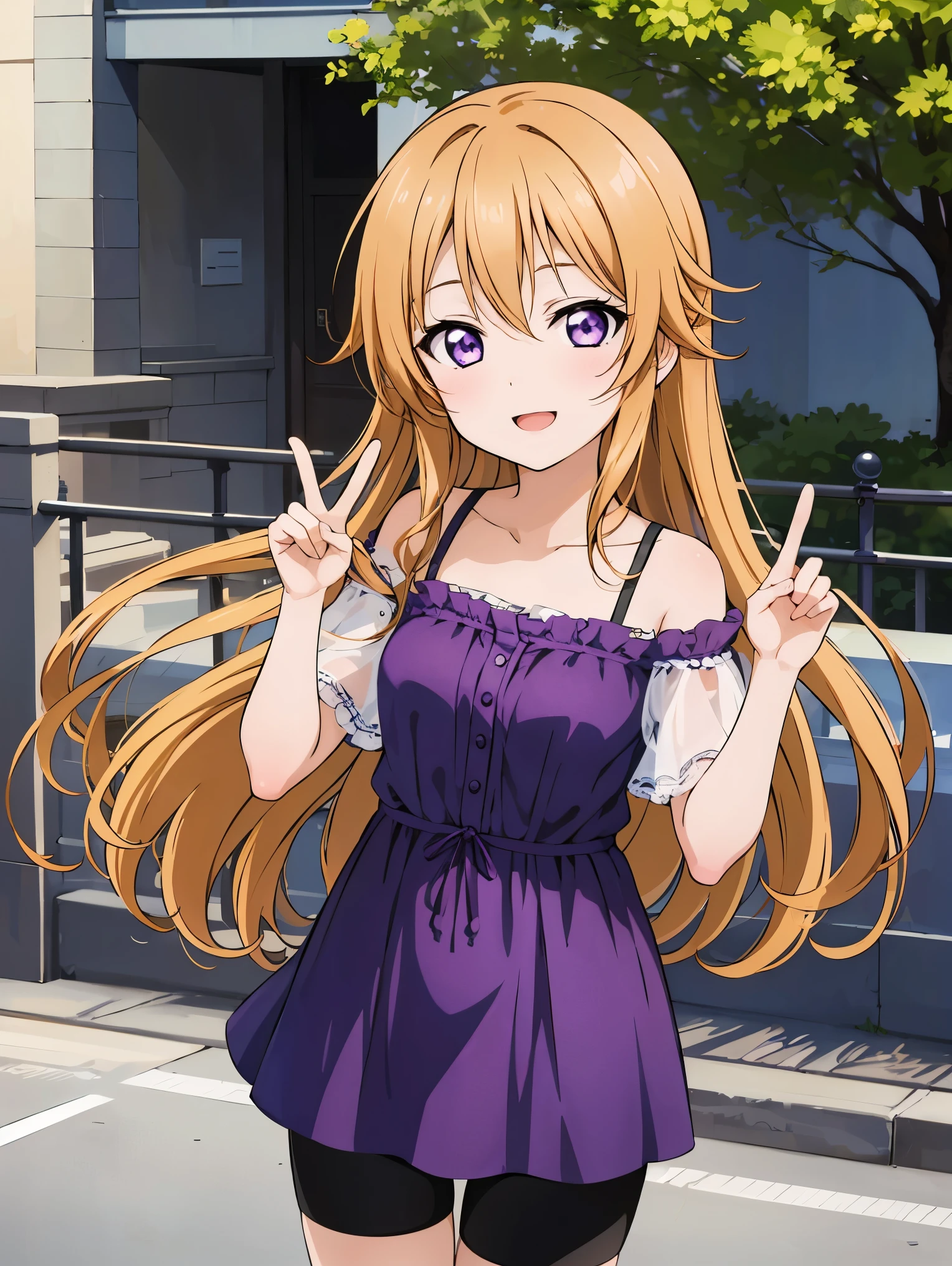 (Highest quality, masterpiece:1.2), (One girl, alone:1.2), cute, smile, Detailed Background, (View your viewers, alone focus:1.2), Light on the face, null, blue null, Cowboy Shot, sunlight, Lens flare, Depth of written boundary, scenery, Open your mouth,
Kanata Konoe, Long Hair, Purple eyes, Blonde, Straight hair, Off the shoulder, Purple Dress, Strap Dresses, Short sleeve, Bike Shorts, black Bike Shorts, Are standing, Two Peace Signs,