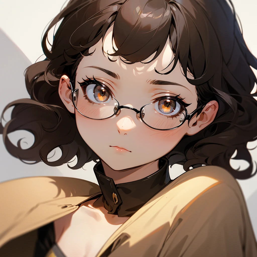 short curly hair, darkskin, round glasses
