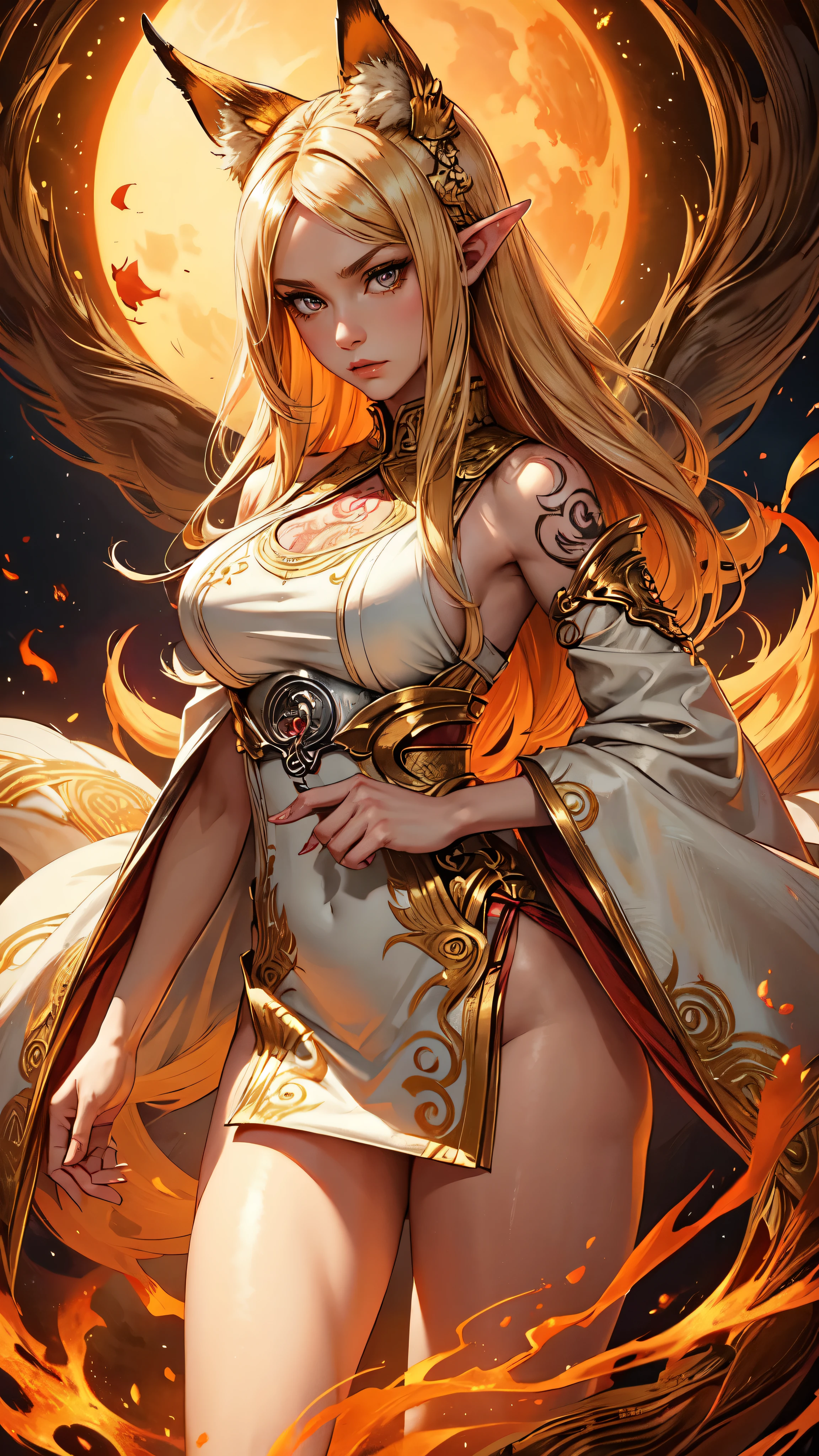Official Art, Unified 8K Wallpapers, Ultra Detailed, Beautiful and Aesthetic, Masterpiece, Best Quality, (Zentangle, Tangle, Entangle), (fractal art: 1.4), 1girl, yellow hair, Chinese, off-the-shoulders, short skirt, calves, navel,, sexy, very detailed, dynamic angle, oversized tits, cowboyshot, (most beautiful form chaos), ethereal, (bright colors), oc, (half: 1.2), china, (thangka Feitian: 1.5), (ribbon: 1.3), (dream: 1.5), (hanfu: 1.5), Chinese dragon, Chinese phoenix, (smile: 0.5), (Chinese gods),