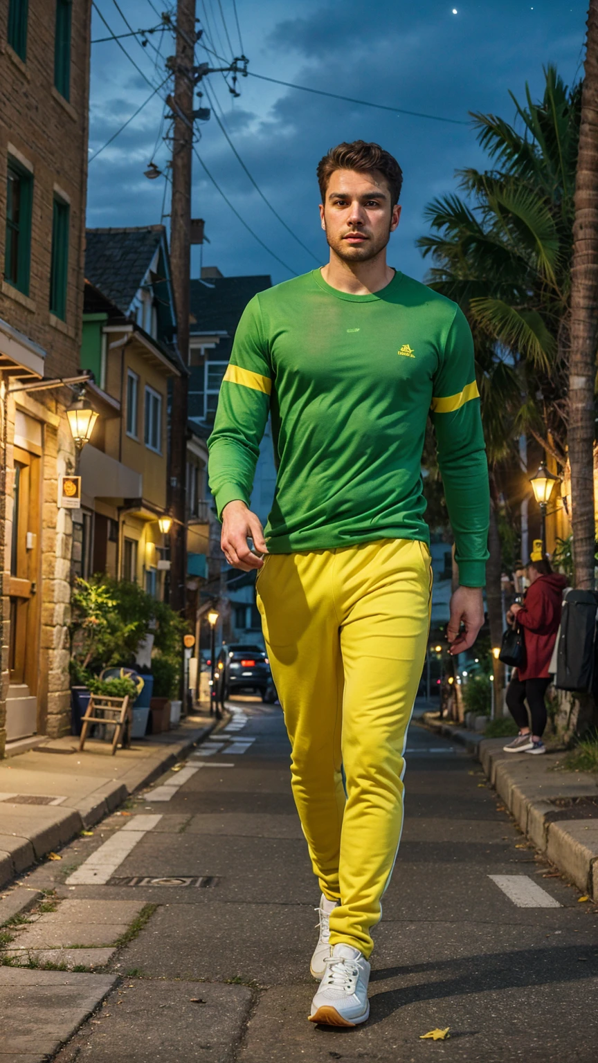 Realistic photo of a thin, 26 year old man walking down a dark deserted street at night. He wears a long-sleeved green shirt with yellow stripes., black gym pants and black sneakers. The man's facial expression is melancholic and lost in thought, and he looks tired and carrying the weight of the world on his shoulders. Tall, old buildings line the street, their dark and lifeless facades creating a feeling of oppression. The scene conveys a deep sense of loneliness, isolation and despair.