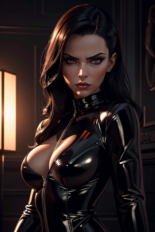 a beautiful stern woman in a black latex fetish outfit, dominating expression, dramatic lighting, intricate details, highly detailed, 8k, photorealistic, sharp focus, cinematic, dark and moody color palette, dramatic shadows and highlights, glossy and shiny textures