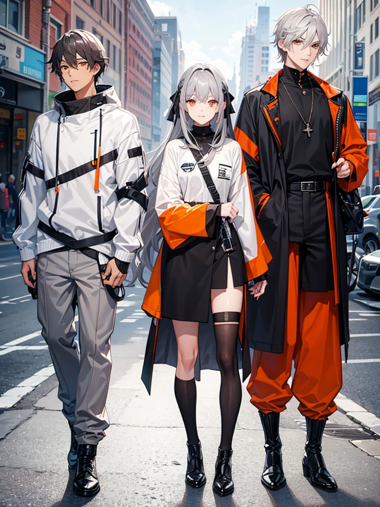 Male character with gray hair and orange eyes and black clothes 