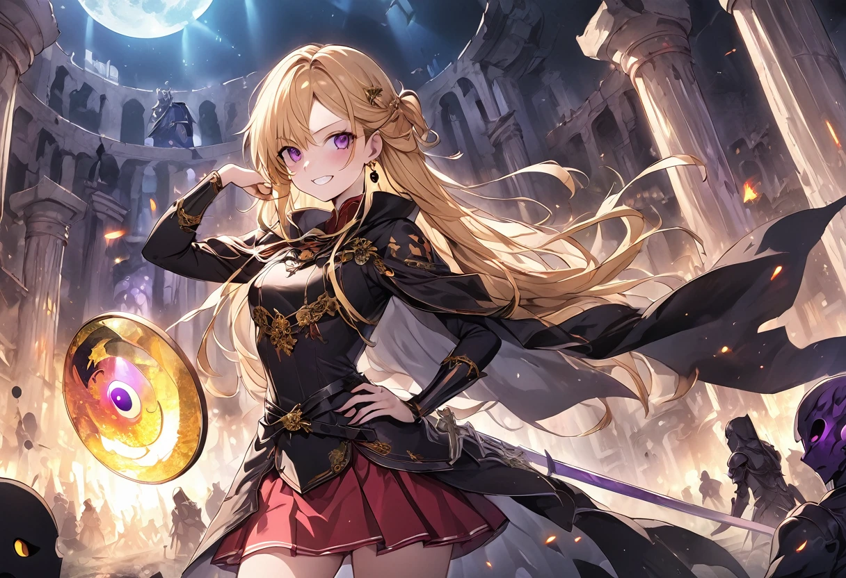 Name keesia, pyro, masterpiece, best quality, g1a2s, 1girl, (genshin impact), long hair, solo, hair ornament, gloves, black gloves, standing, orange hair, green eyes, full body, holding, from behind, bodysuit, braid, gun, black bodysuit, shadow, walking, high heels, shoulder cutout, indoors, partially fingerless gloves, chinese clothes, long sleeves, very long hair, clothing cutout, long skirt with slit fitss, holding giant sword, illuminated sword, loose hair, hip out, hand up, face away, bare shoulders, breasts, hair over one eye, construction, blurry, elbow gloves, detached sleeves