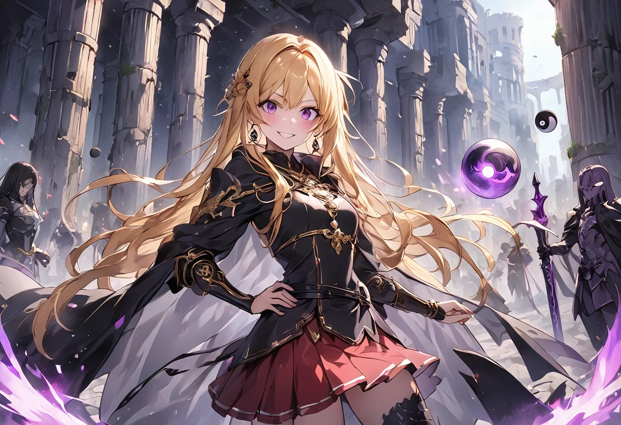 dark persona, ecstasy, looking at viewer, armor, hand on own hip, happy, blush, evil grin, black leg armor, knight, long hair, octagonal yin yang mirror, purple eyes, audience, pillars of purple fire, 1 woman, black cape, runes, black dress, Ruined city, gold decoration, gripping sword in hand, at midnight, gold hair, earring, chains, yin yang, red skirt, beautiful art, depth of field, high res, perfect face, detailed outfit
