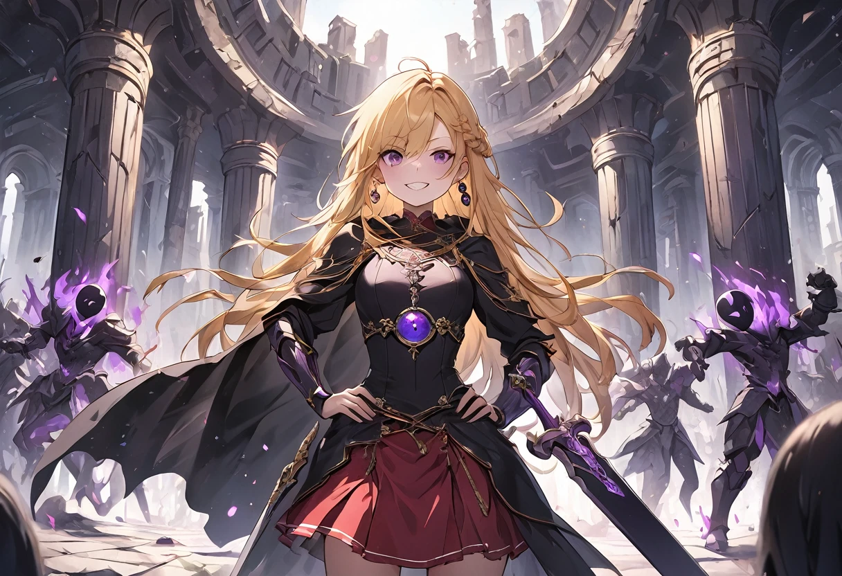 dark persona, ecstasy, looking at viewer, armor, hand on own hip, happy, blush, evil grin, black leg armor, knight, long hair, octagonal yin yang mirror, purple eyes, audience, pillars of purple fire, 1 woman, black cape, runes, black dress, Ruined city, gold decoration, gripping sword in hand, at midnight, gold hair, earring, chains, yin yang, red skirt, beautiful art, depth of field, high res, perfect face, detailed outfit