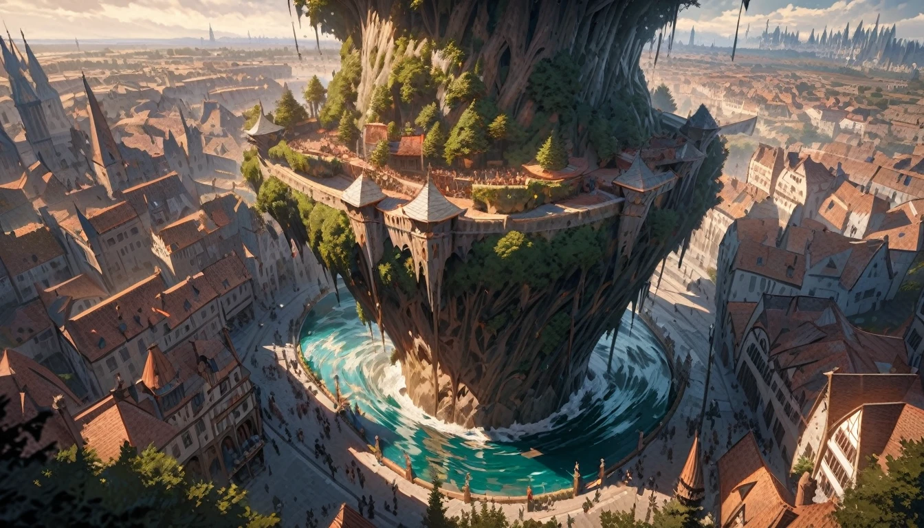 A huge square with huge water cubes suspended in the air, a huge medieval western magical city in the background, surrounded by tall European buildings, a huge tree in the very far distance, best quality, beautiful images, extreme detail, masterpiece, cinematic light, masterful, impasto
